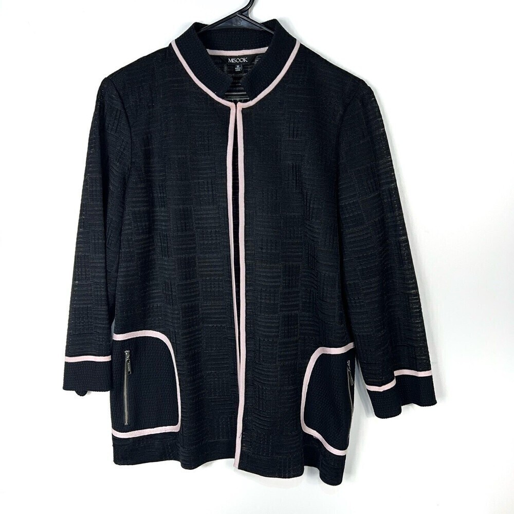 Misook black Sweater Blazer Size M Acrylic Single-Button Jacket pink Trim pocket